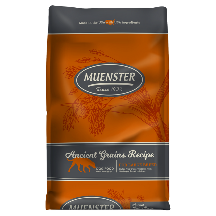 Muenster Ancient Grains Recipe dog food package on a white background