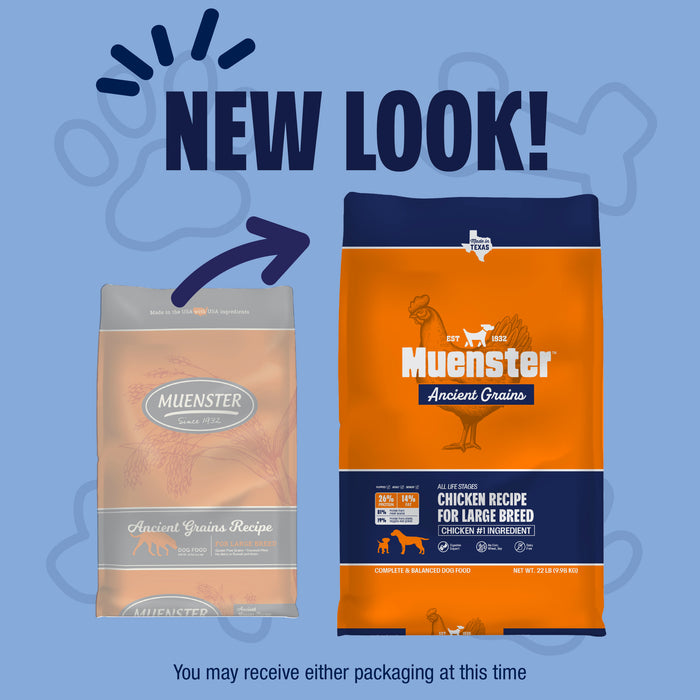 Promotional graphic for Muenster pet food showing a 'NEW LOOK!' message with an arrow pointing to the new larger bag packaging. The bag is orange and navy blue with chicken recipe branding, alongside the old smaller bag.