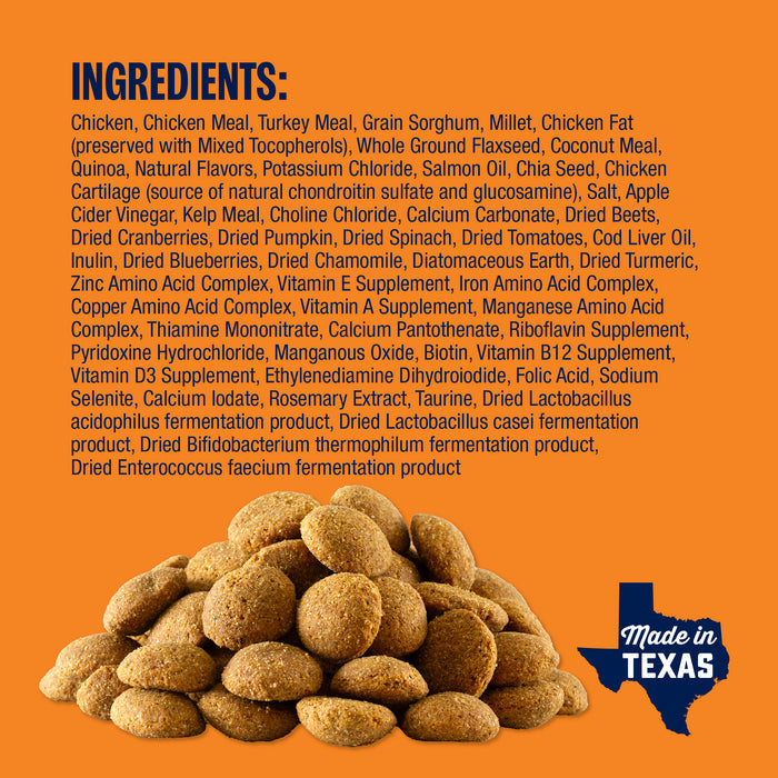 Dog food ingredients list with a pile of dog food and 'Made in Texas' label on an orange background