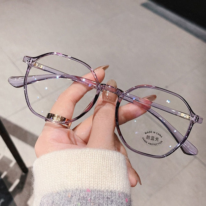 Trendy Anti-Blue Light Glasses Frames: translucent lavender, clear eyeglasses frame, minimal style