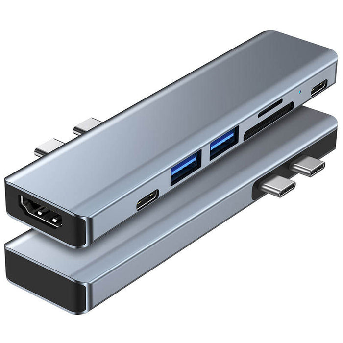 Versatile Docking Station with Multiple Features: silver-gray, black multiport USB hub/docking adapter, minimal tech accessor