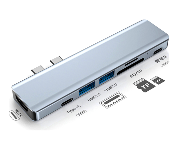 Versatile Docking Station with Multiple Features: silver-gray, black multiport USB hub/docking adapter, minimal tech accessor