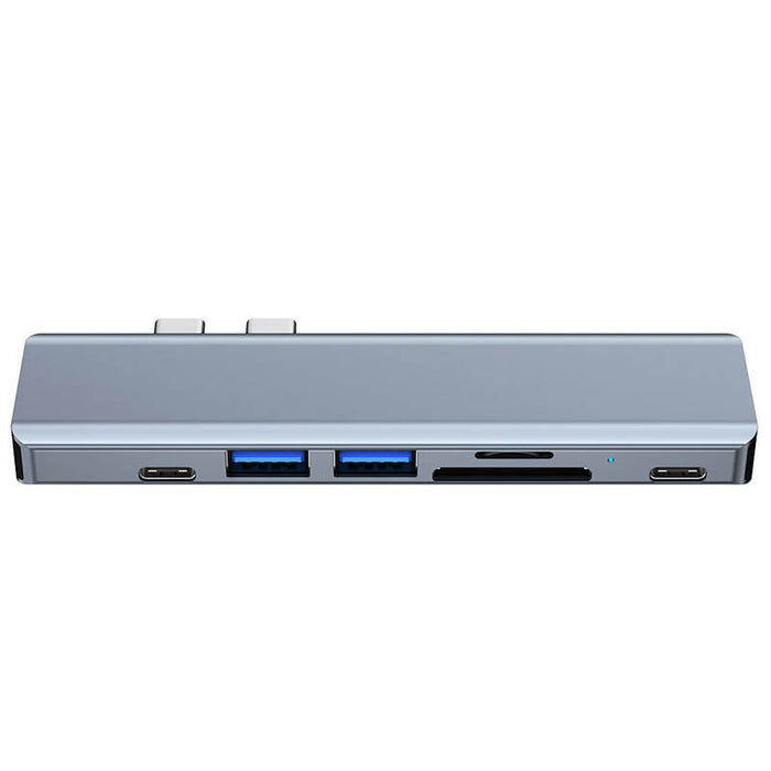 Versatile Docking Station with Multiple Features: silver-gray, black multiport USB hub/docking adapter, minimal tech accessor