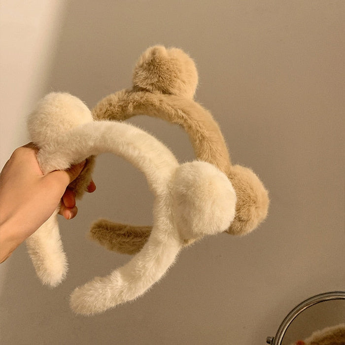 Winter Bear-Eared Stuffed Headband: cream, light brown bear-like animal, kawaii style