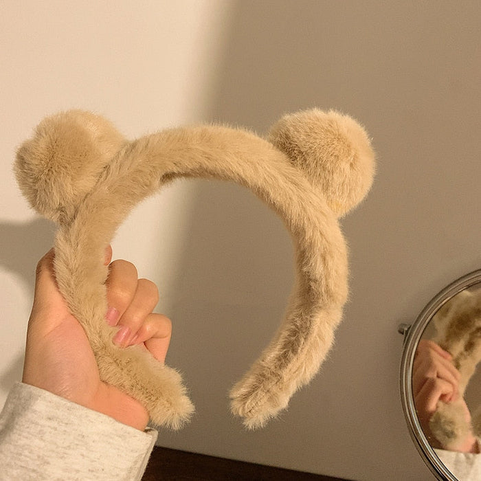 Winter Bear-Eared Stuffed Headband: cream, light brown bear-like animal, kawaii style