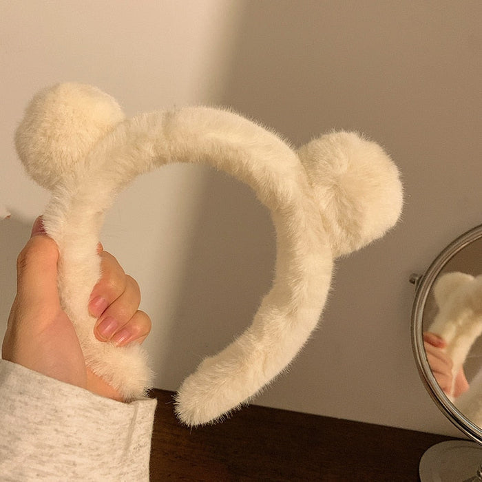 Winter Bear-Eared Stuffed Headband: cream, light brown bear-like animal, kawaii style