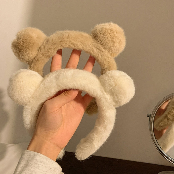 Winter Bear-Eared Stuffed Headband: cream, light brown bear-like animal, kawaii style