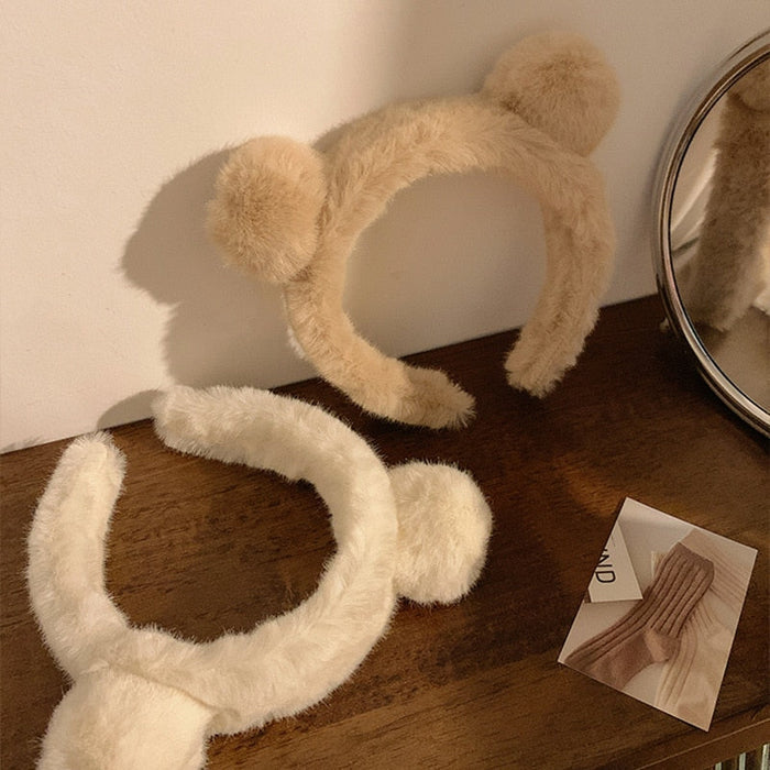 Winter Bear-Eared Stuffed Headband: cream, light brown bear-like animal, kawaii style