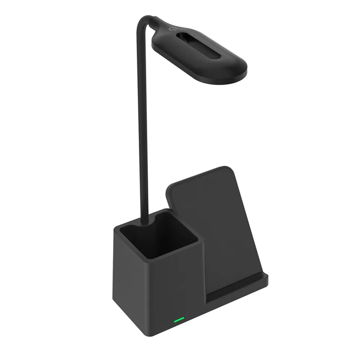 Wireless Pen Phone Holder with Charging: black, dark gray desk lamp with organizer and angled stand, minimal modern style