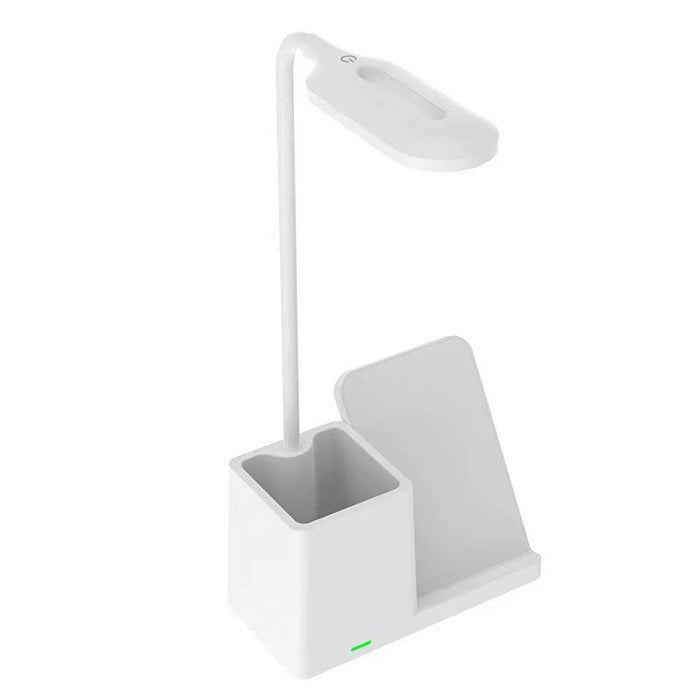 Wireless Pen Phone Holder with Charging: black, dark gray desk lamp with organizer and angled stand, minimal modern style