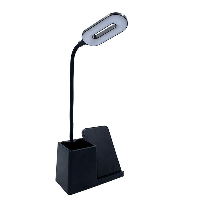 Wireless Pen Phone Holder with Charging: black, dark gray desk lamp with organizer and angled stand, minimal modern style