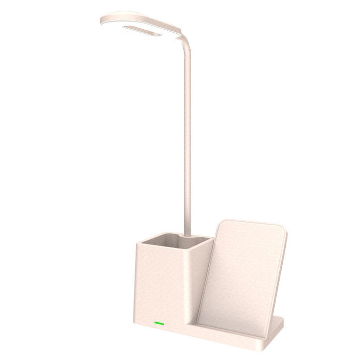 Wireless Pen Phone Holder with Charging: black, dark gray desk lamp with organizer and angled stand, minimal modern style