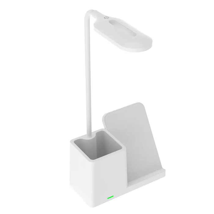 Wireless Pen Phone Holder with Charging: black, dark gray desk lamp with organizer and angled stand, minimal modern style