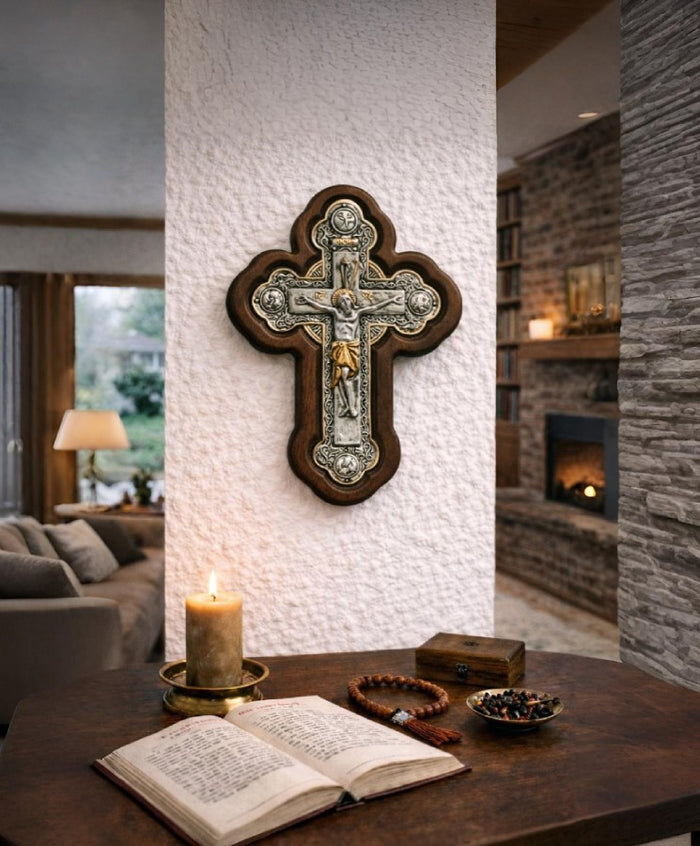 Wooden Holy Cross – Silver & Gold Byzantine Crucifix for Blessing and Devotion