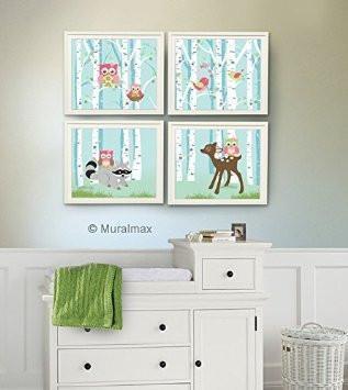 Woodland Animals In Forest - Owl Deer Raccoon - Set of 4 - Unframed Prints - Baby Girl Nursery Decor-MuralMax Interiors