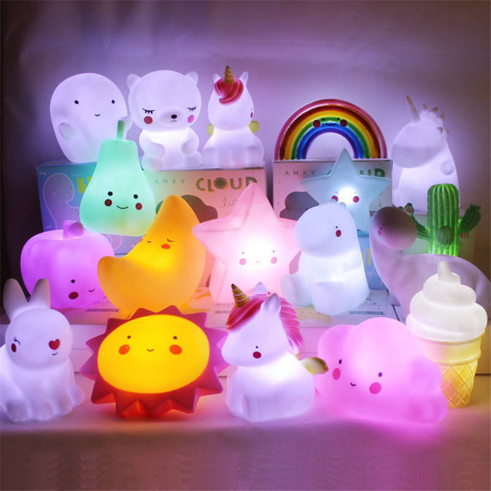 YF LED Night Light with Warranty: yellow, pink sun, ice cream, star, cloud, unicorn, and crescent moon characters, kawaii car